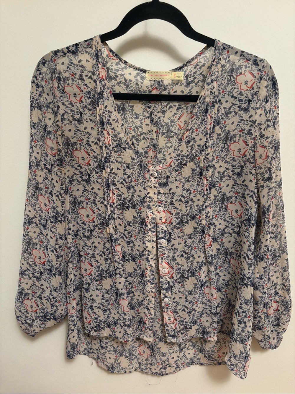Urban Outfitters Light Floral Tie-Neck Blouse in Cream and Navy